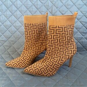 C. Malandrino Monogram Logo Heeled Ankle Sock, Knit, Suede Tan/Brown Boot SZ 8.5